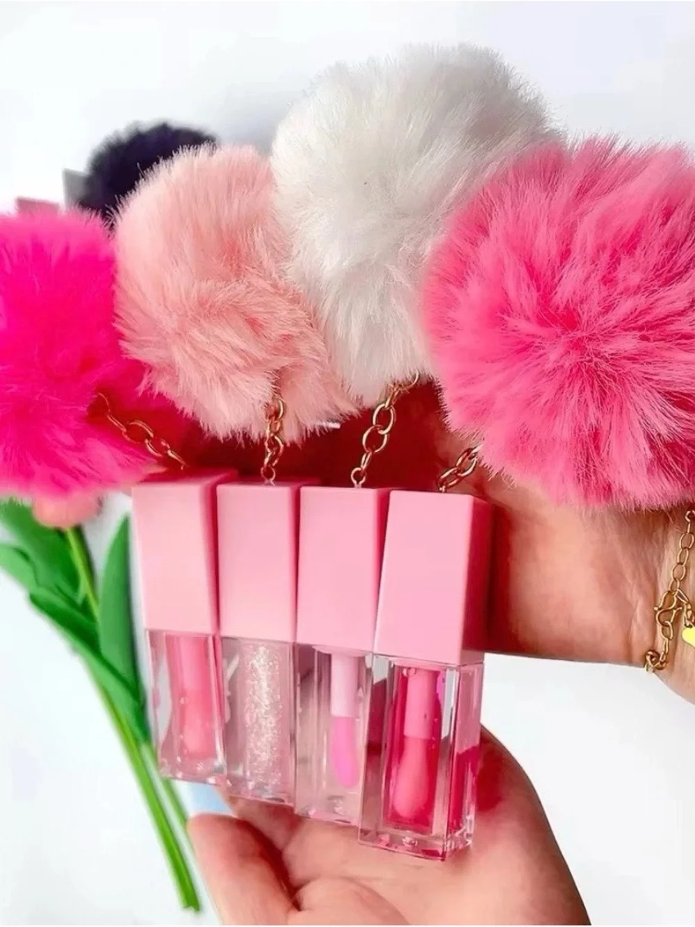 Pink Pom-Pom Lip Gloss Keychain Set